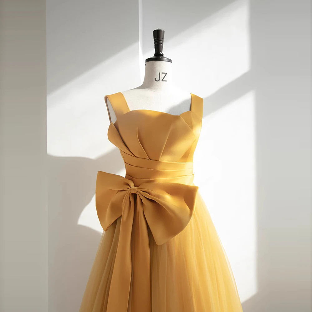 

Yellow Evening Dresses A-line Prom bow Robe De Soiree Graduation Celebrity Vestidos Fiesta girls formal dress halter