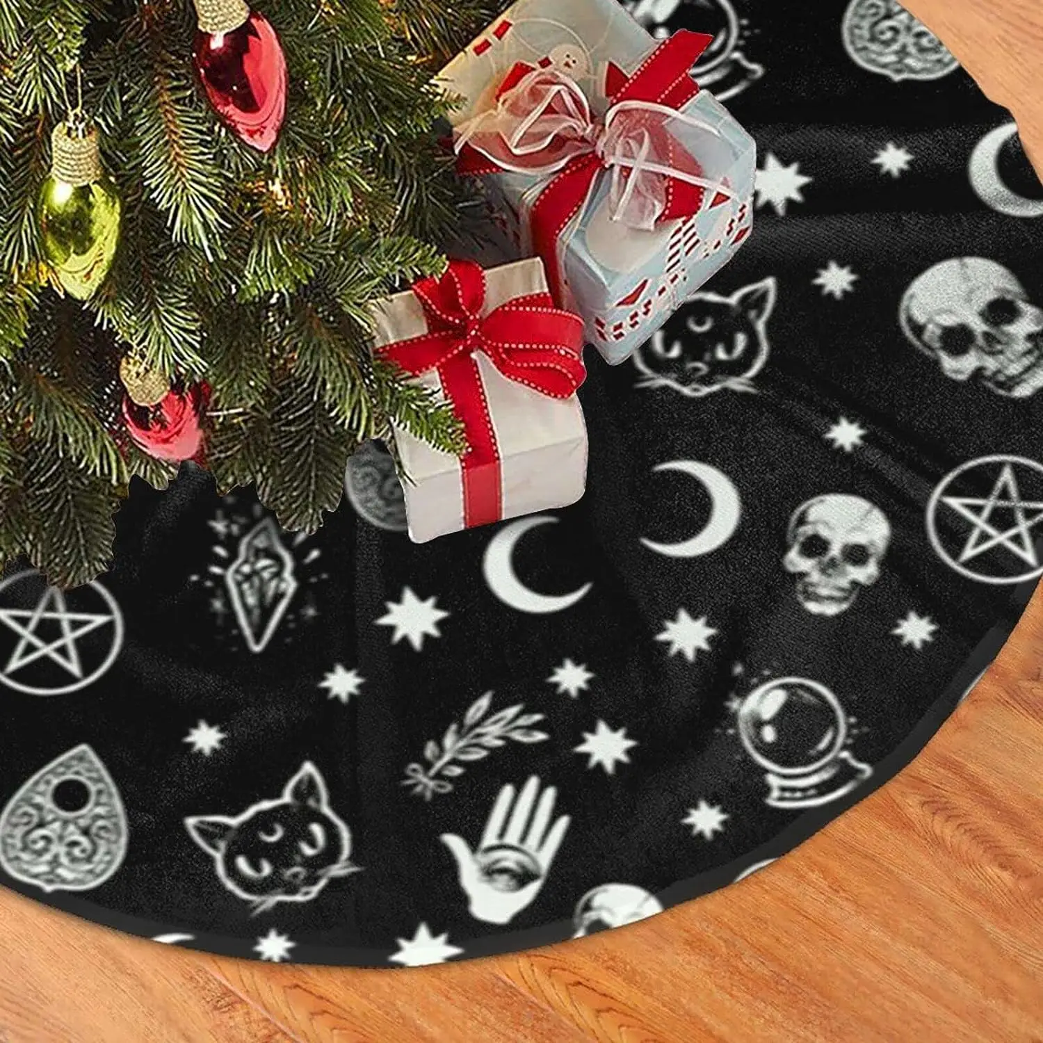 48 Inches Christmas Tree Skirt Cat Skull Moon-Star Tree Skirt with White for Christmas Tree Decorations