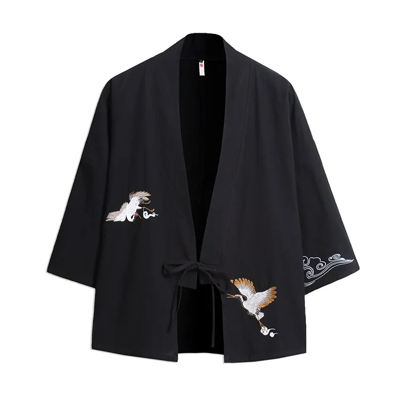 Chinese Style Men's Open‑Front Kimono Jacket Summer Casual Crane Embroidery 3/4 Sleeve Oversized Loose Fit Lightweight Outerwear