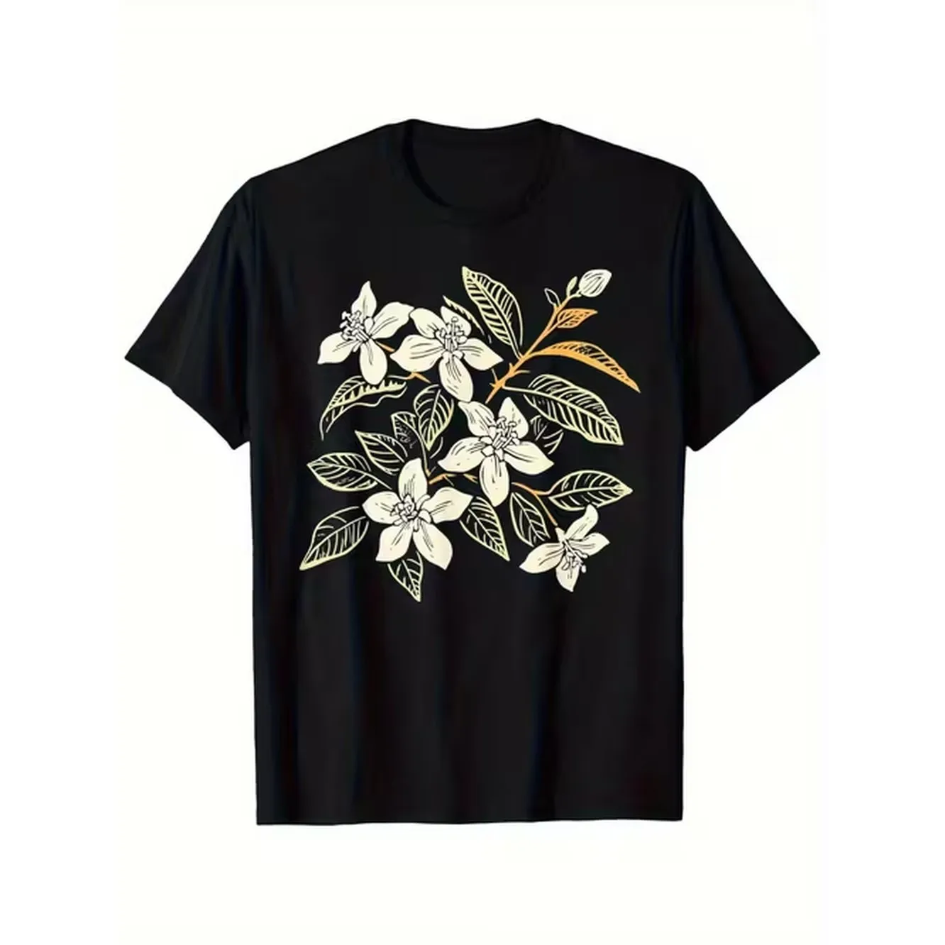 Camiseta retro floral para hombre, negra con diseño botánico dorado y blanco, camiseta resistente de 180 g/m² con mangas cortas y cuello redondo, duradera, adecuada para atuendos informales y formales, en tallas S a XXXL.