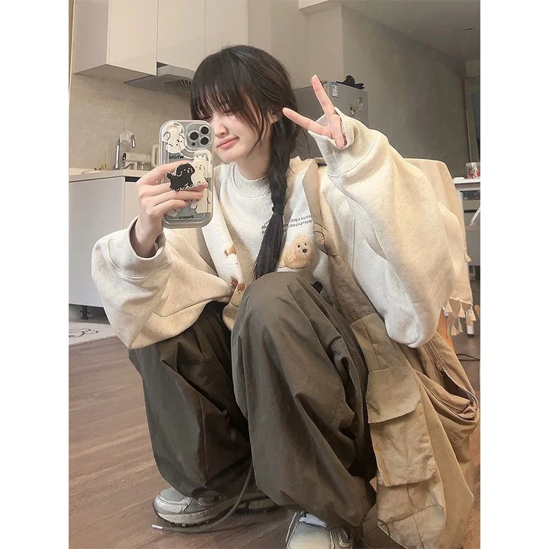 الرجعية الأمريكية الكرتون الكلب طباعة البلوز المرأة ربيع الخريف جولة جديدة Ne فضفاضة كسول Sle Jaet طويلة Sve Fce L...