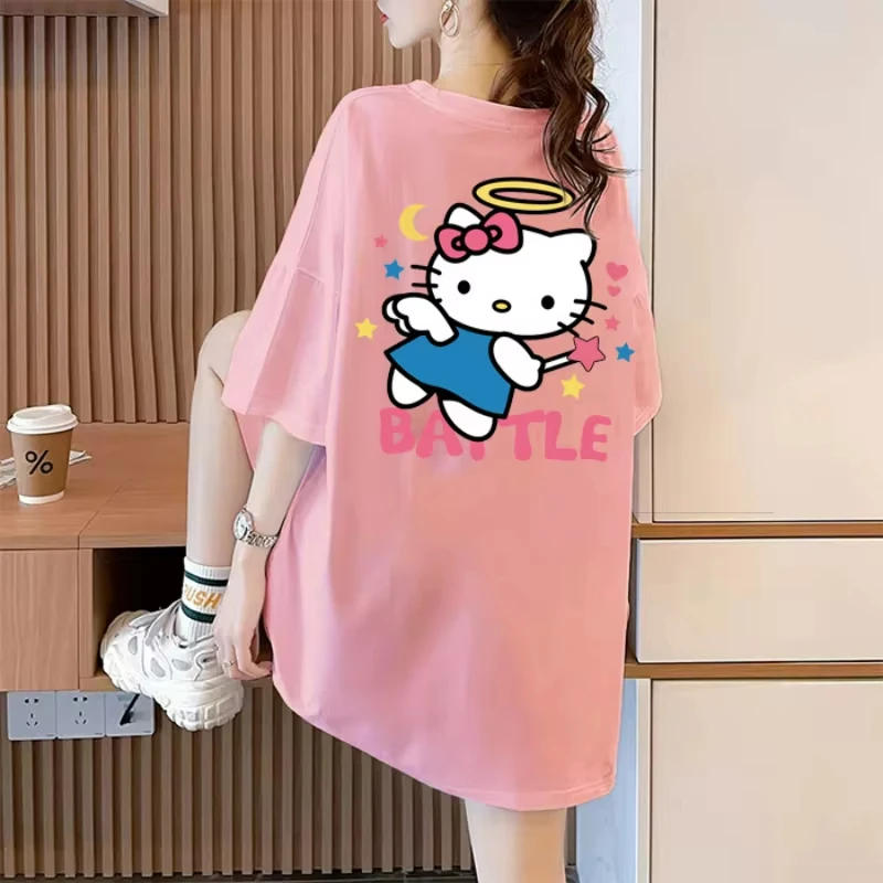 

MINISO Хлопковая футболка с короткими рукавами Hello Kitty Sanrio, топы большого размера в стиле аниме, летние свободные топы с граффити, милые студенческие девушки