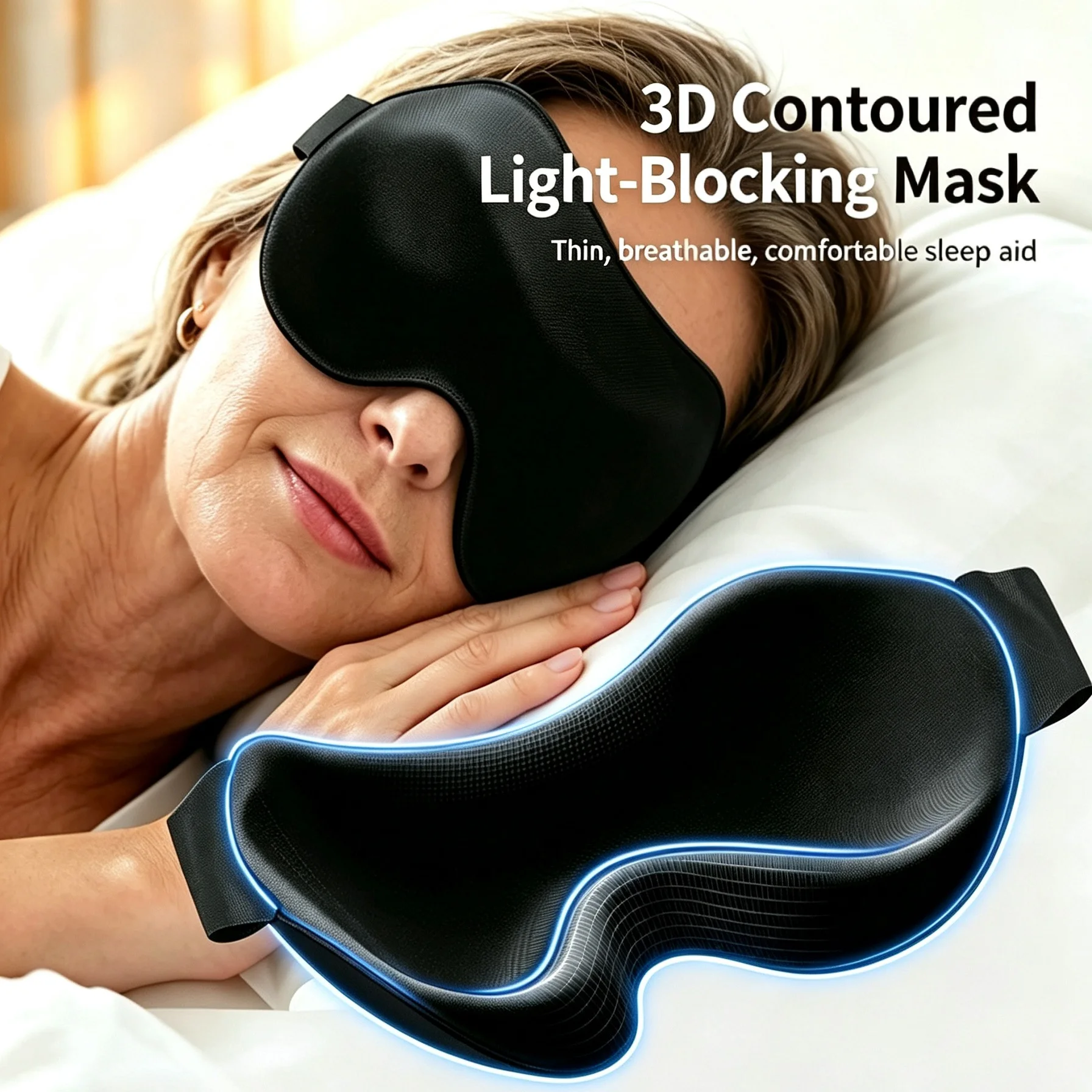 3D Contoured Sleep Mask 360 Full Blackout Eye Mask with Adjustable Strap Ultra Light Memory Foam Sleeping Mask for Travel Home
