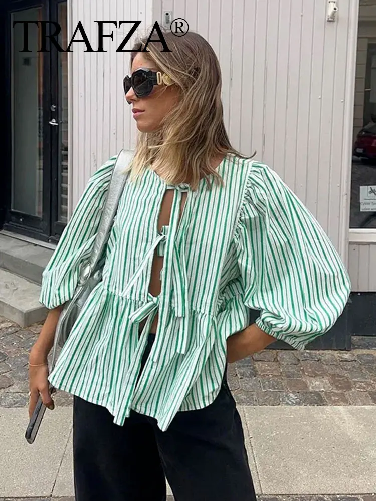 

TRAFZA Trendy Elegant Causal Blouse Bow Lace Up Round Neck Puff Long Sleeves Versatile Shirts For Women 2024 Spring Fashion