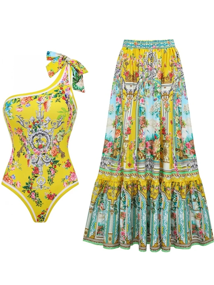 

Retro Bikini Printed Fashion Two Piece Swimsuit And Cover Up With Skirt Tight Women's Bandage Summer Beach Luxury Elegant