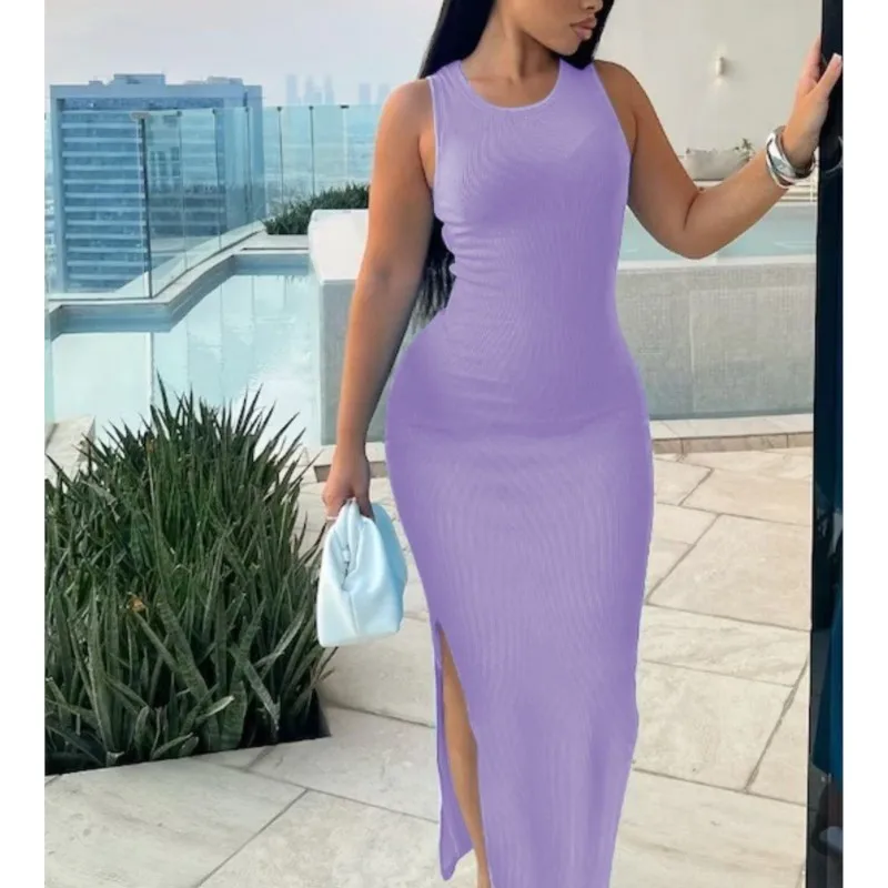 Abiti lunghi da donna sexy Abito estivo casual senza maniche con gilet Abito aderente da festa con spacco alto Abito tinta unita Femme