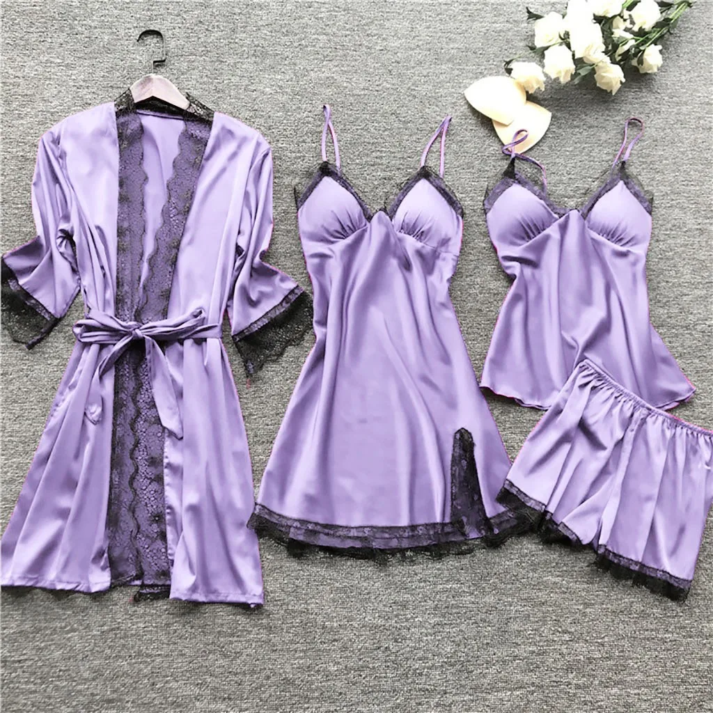 4 Pieces Women\'s Sexy Lace Pajamas Fashion V-Neck Gown Comfort Pajamas Pajamas Pajamas With Chest Pads Nightdress Casual