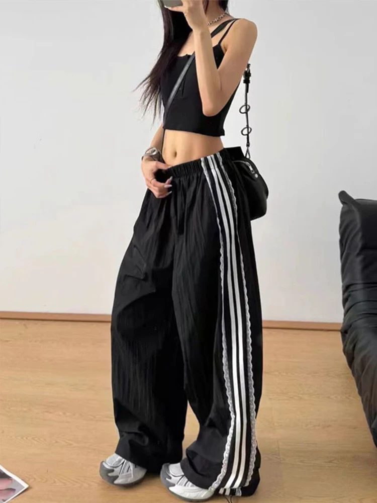 Summer New High Street Lace Casual Pants Wide Leg Loose Design Women's plus Size Splicing Stripe Pants Korean Style Long Trou...