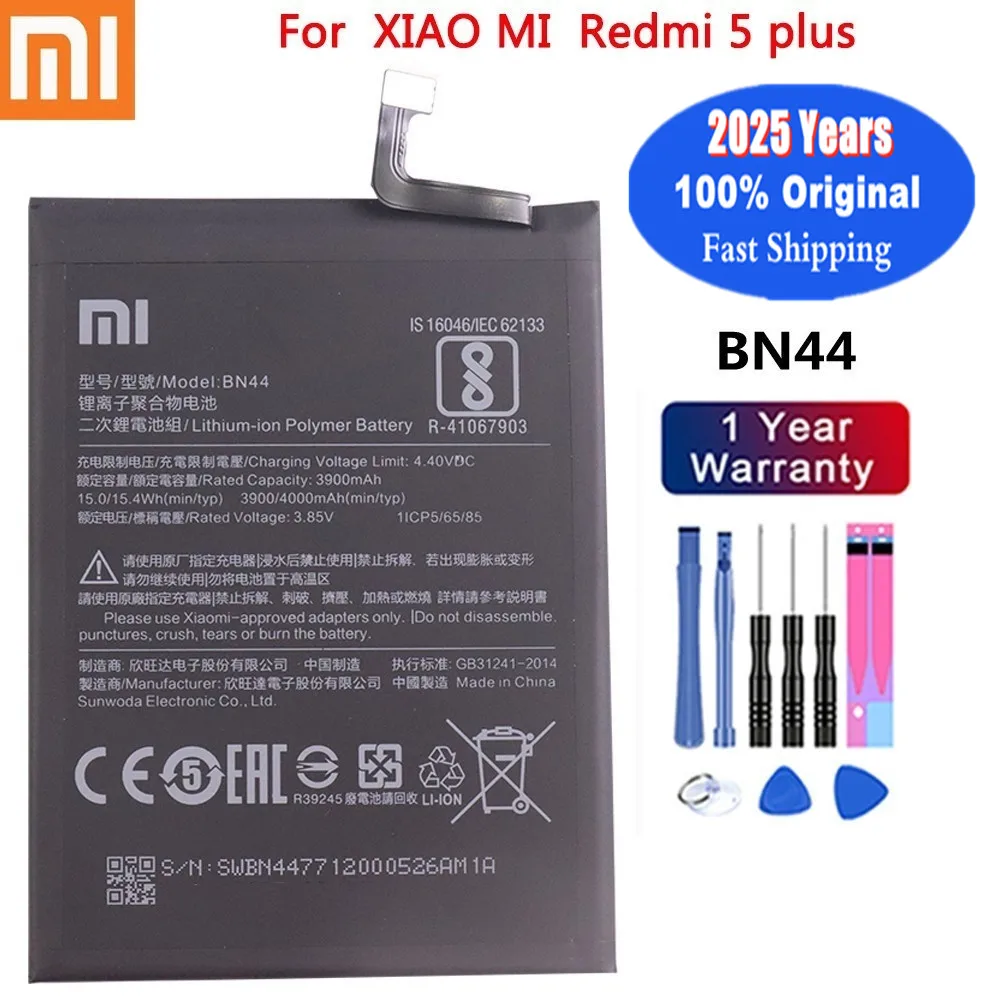 

2025 лет Xiao mi 100% оригинальный аккумулятор для Xiaomi Redmi 5 Plus 5Plus BN44, 4000 мАч, высококачественный аккумулятор для мобильного телефона + инструменты