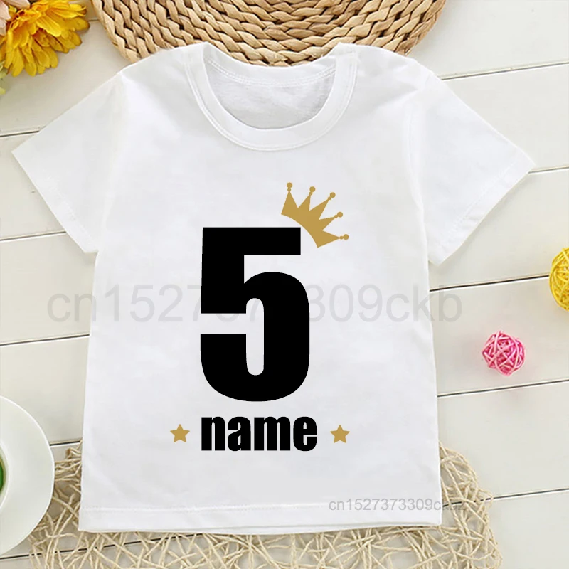 Kids T-Shirt Personalised Birthday Number NAME Crown Boys T Shirt Girl Clothing Birthday Party Shirt Children Tees Baby Clothes