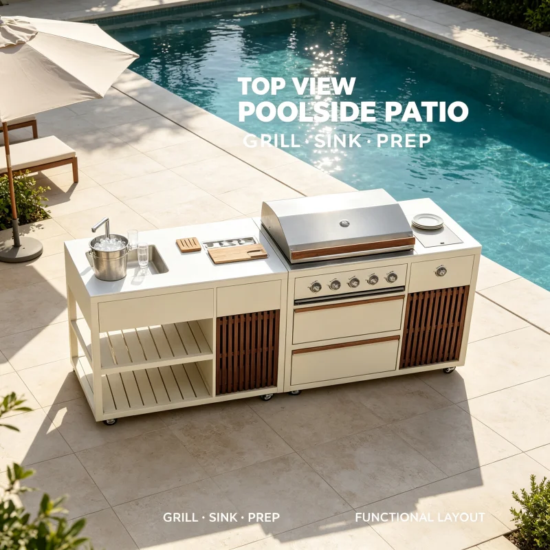 Complete Modular Outdoor Kitchen Island Set with Built in Four Burner Gas Barbecue Grill and Stainless Steel Sink