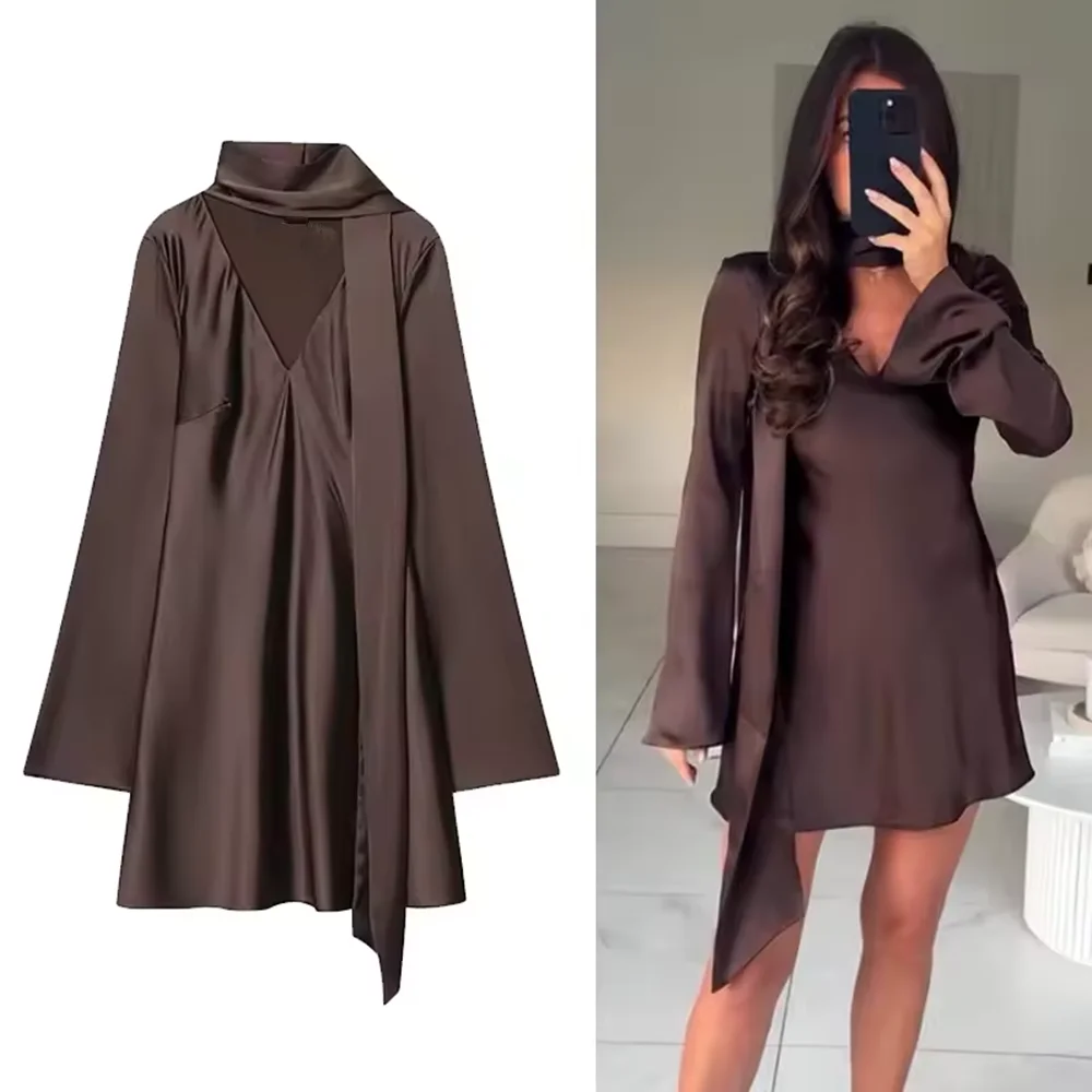 Frauen Mode Satin Elegante Mini Kleid 2026 Sommer Frühjahr Neue Langarm Schal V-ausschnitt Kurzes Kleid Weibliche Braun Party Kleider