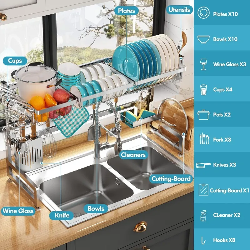 Dish Drying Rack on Sink, 2-level Dish Rack on Kitchen Counter, Adjustable Length (33.5-36 Inches), Stainless Steel Dish Drainer