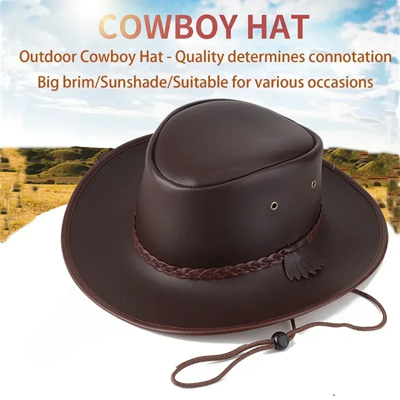 2025Combhasaki Cappelli da cowgirl western da uomo con cordino regolabile in pelle artificiale a tesa larga moda outdoor unisex parasole