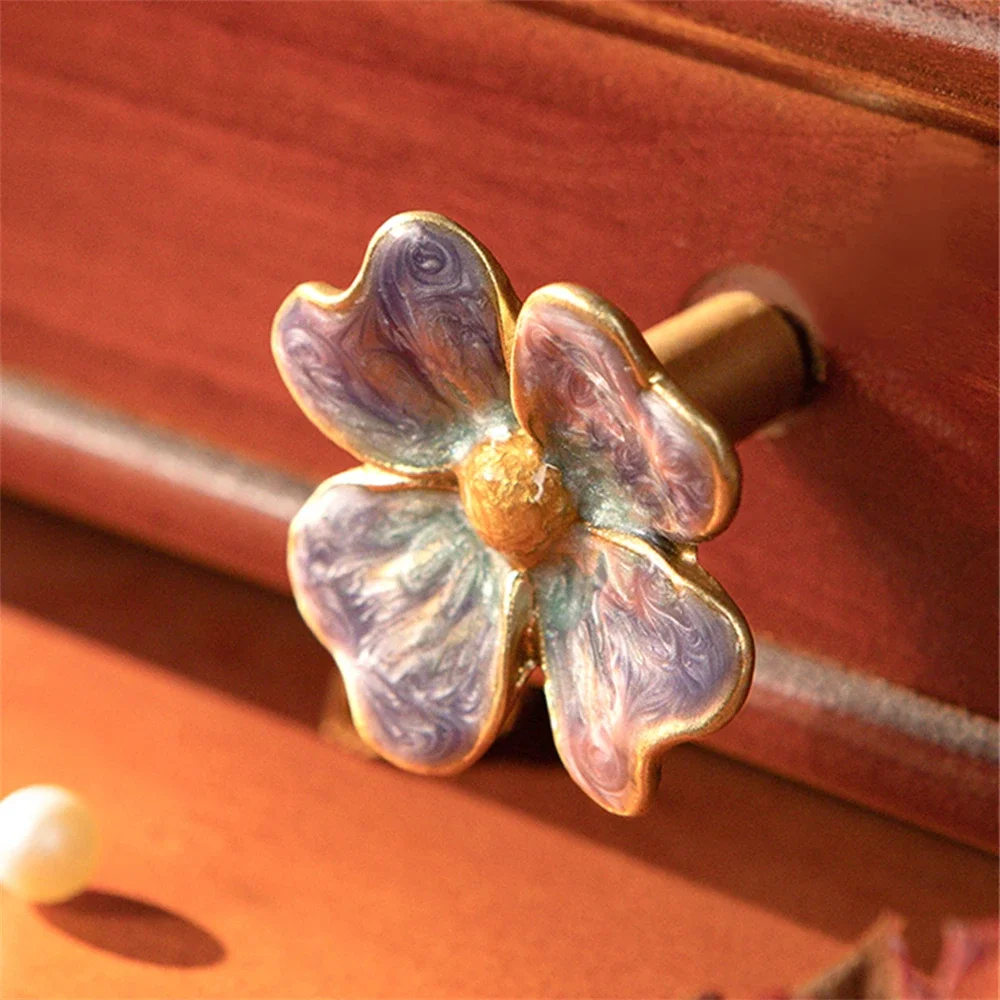 French Lovely Flower Handle Drawer Retro Cabinet Door Handle Blue Pink Home Decoration High-End Zinc Alloy Flower Handle Set