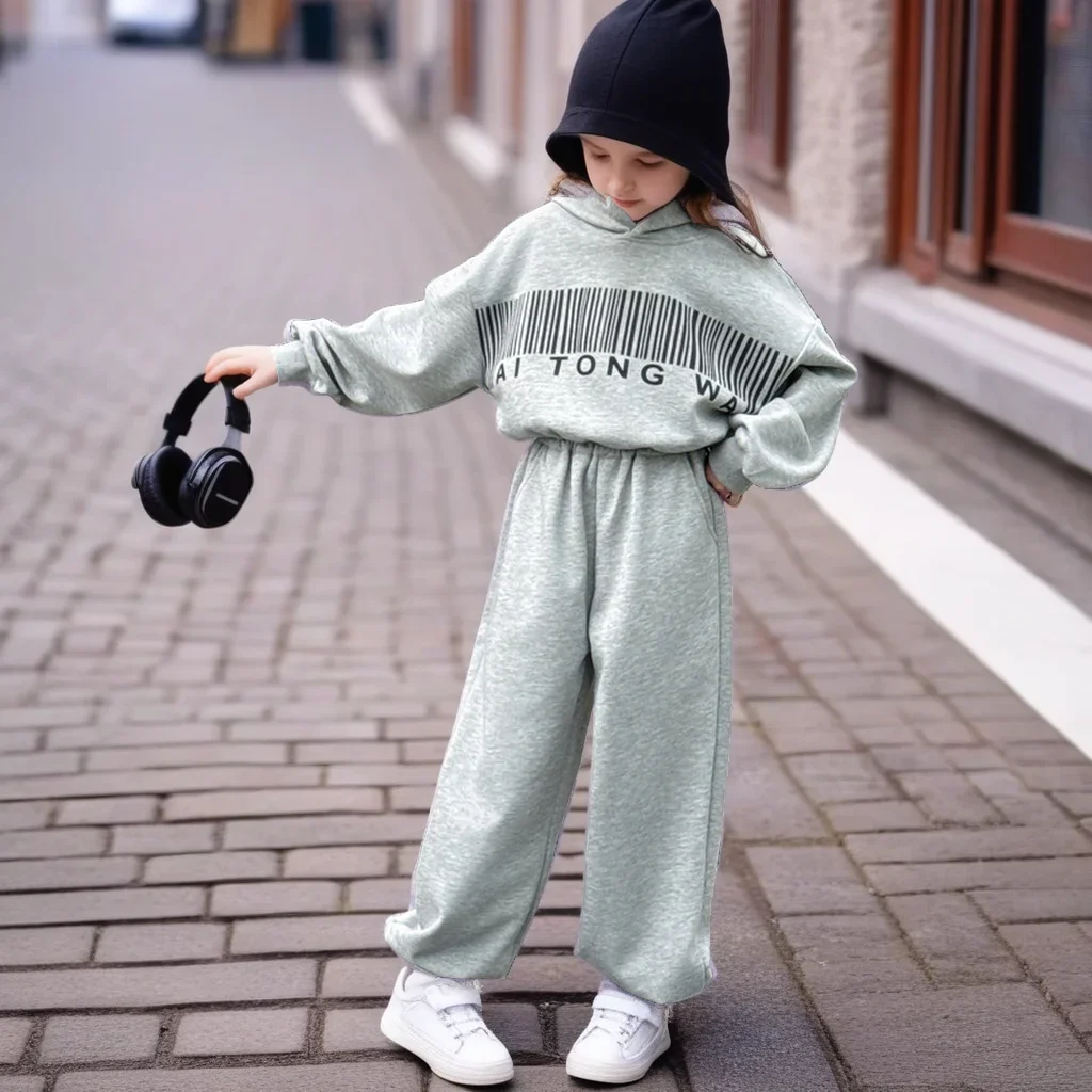 2025 Spring Girls Tracksuit Casual Sport Sweatshirt Pants 2pcs Teen School Children Clothing Set Grey Blue Kids Boutique Clothes