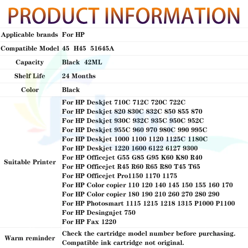 ل HP45 45 HP 45 خرطوشة الحبر ل HP45 النافثة للحبر الراسمة المعاد تصنيعها خرطوشة الحبر الأسود النافثة للحبر لخرطوشة الحبر HP 51645A