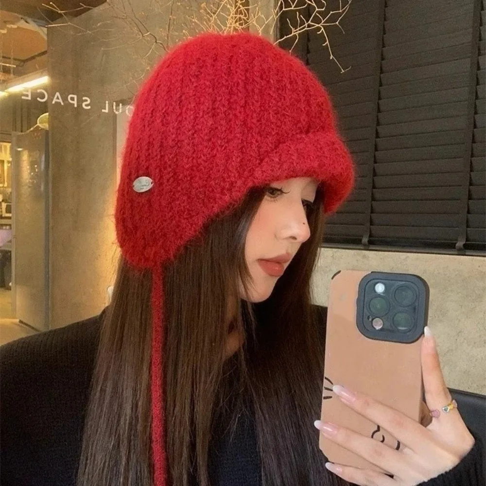 

Fashion Lace-up Knitted Earmuffs Hat Ear Protection Cold-proof Knitted Hat Solid Color Strap Beanies Winter