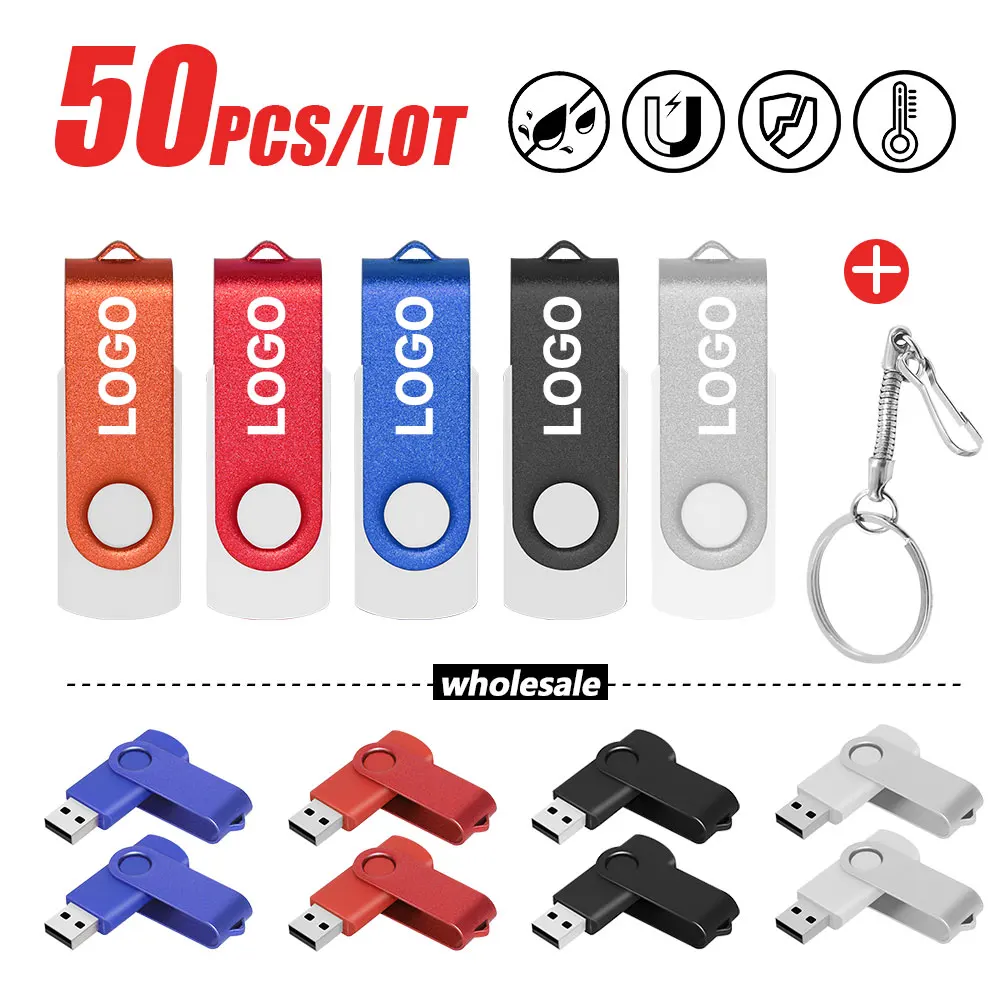 

50PCS/lot USB Stick Swivel Pen Drive USB Flash Drives 4GB 2GB 1GB Pendrive 64gb 32gb 16gb Metal Disk Cle USB Free Custom Logo U