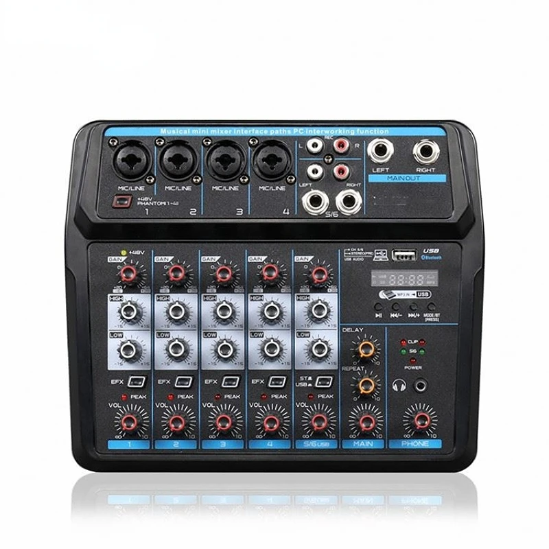 Micfuns U6 6-Channel Professional USB Bluetooth Audio DJ Mixer Console for Stage Music Performance Recording Karaoke System