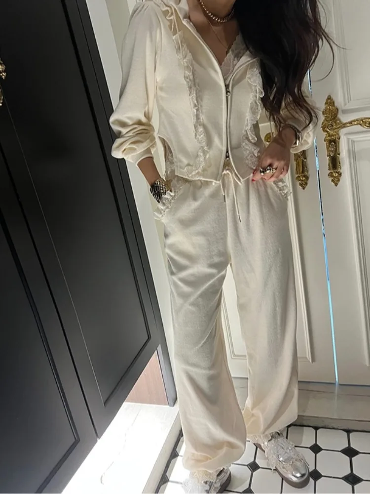 レディースパーカー Jaet パッチワーク レーストリム ハイウエスト カジュアル ロングパンツ 2点セット 通勤 Sle 混合生地 秋冬