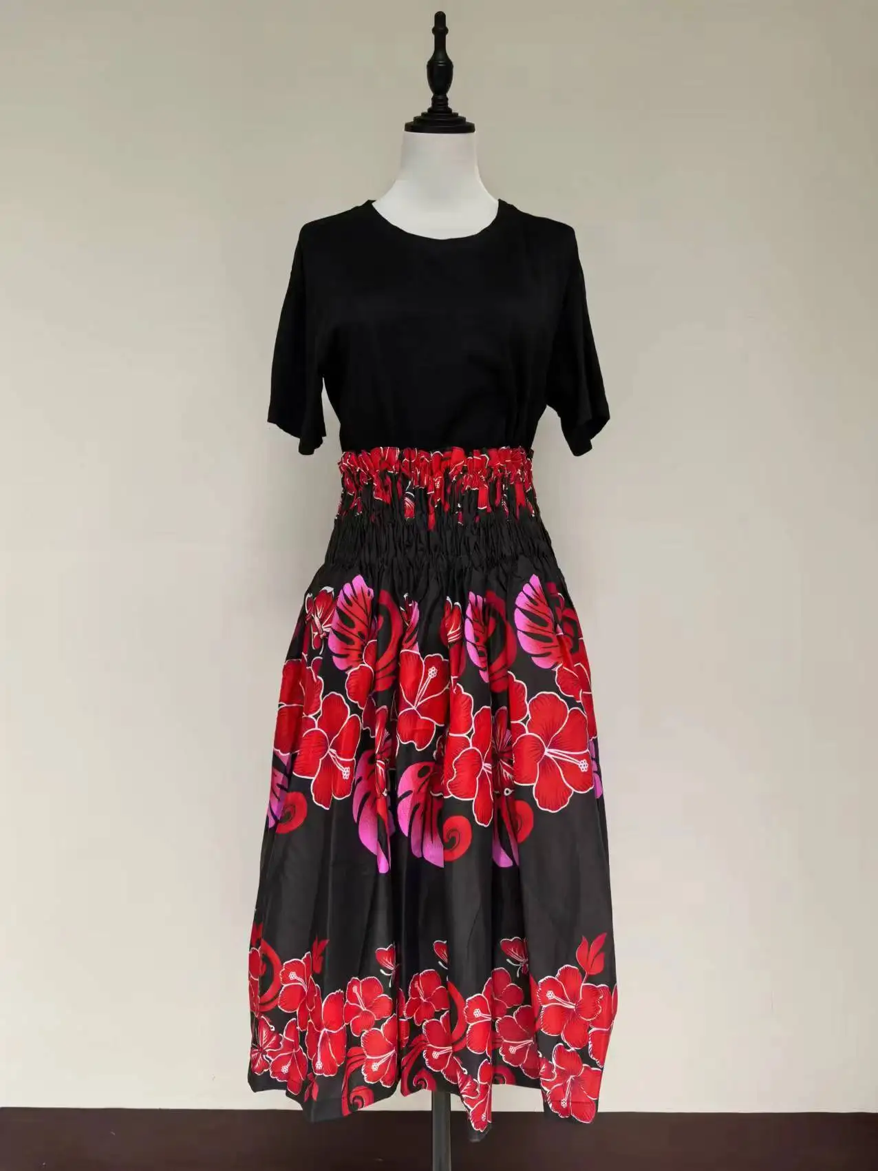 훌라 댄스 스커트 하이 웨이스트 맥시 하프 길이 레인보우 플로럴 프린트 A라인 스커트 프레시 스타일 폴리에스터 원단 여름 공연 스커트