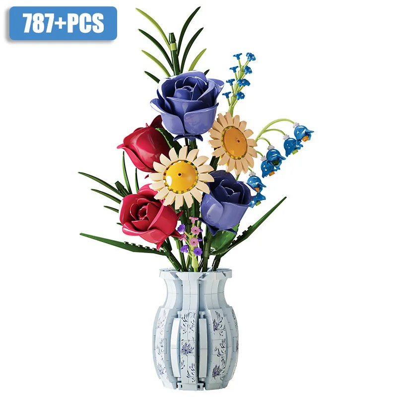 Creativo 787PCS Blu Rosa Vaso Piante Modello Building Blocks MOC Romantico Classico Bouquet di Fiori In Vaso di Mattoni Giocattolo Per I Bambini Regalo