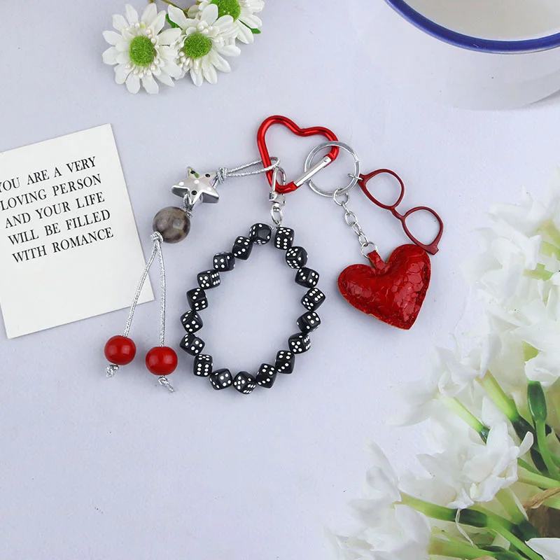 Red Heart-shaped Dice Element Bead Alloy Key Decoration Buckle Lanyard Bag Keyring Accessories Anti-lost Pendant Keychains