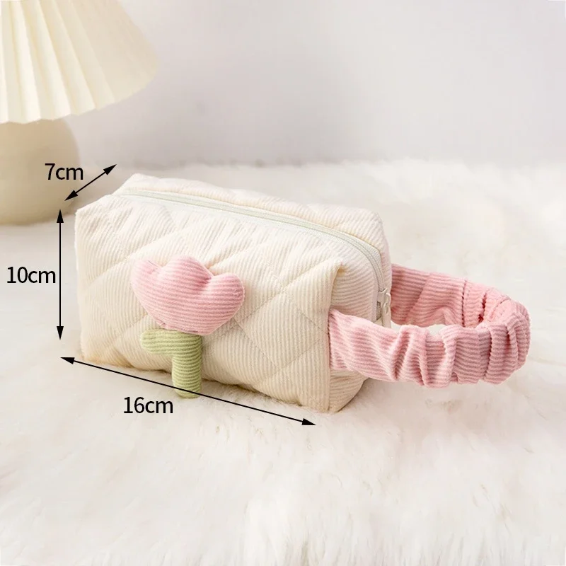 Ins Travel Cosmetic Bag Portable Tulip Makeup Pouch Corduroy Zipper Toiletry Cases Large Capacity Storage Box сумка женская