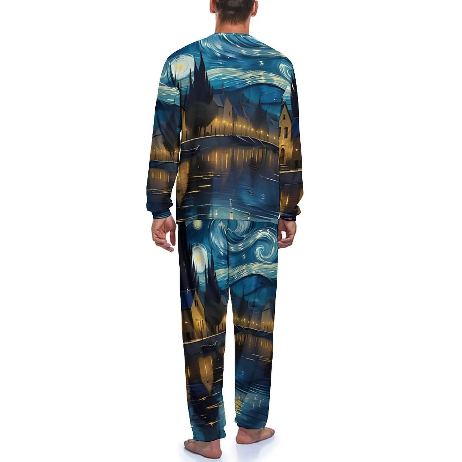 Vincent Van Gogh Pyjama mit Sternennacht-Aufdruck, Frühling, 2-teilig, elegante Pyjama-Sets, langärmelig, ästhetische Grafik-Nachtwäsche für Herren