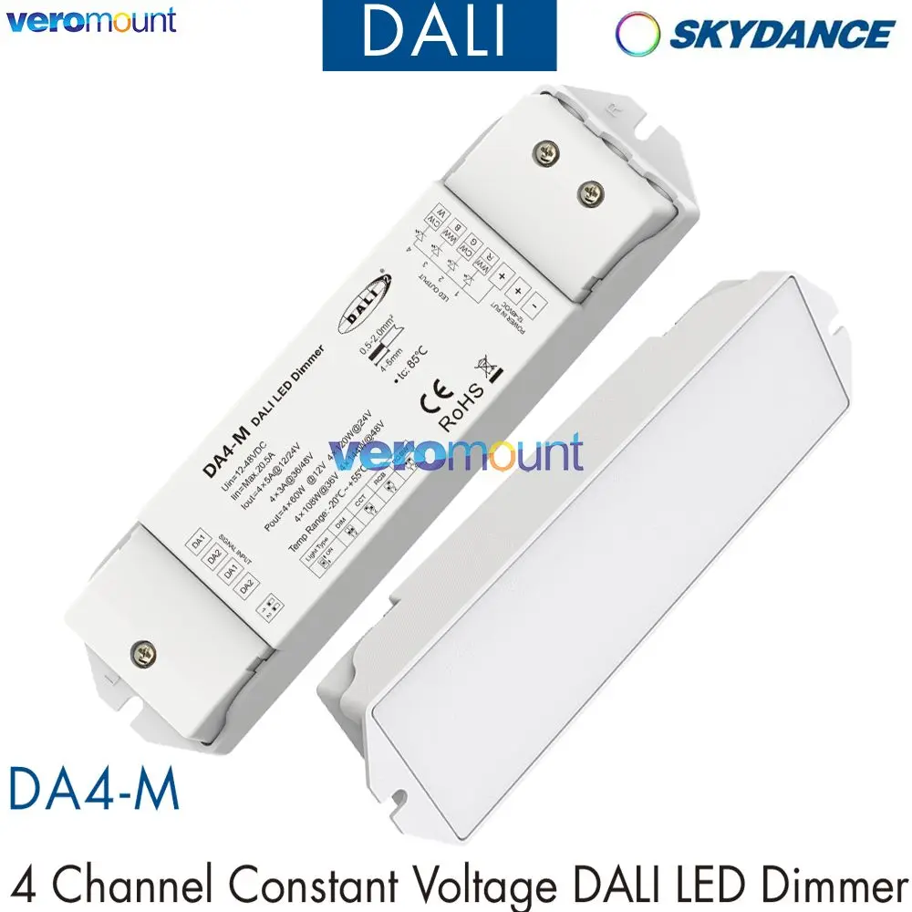 Skydance DA4-M LED Controller 4CH CV DALI Dimmer 12-48V 1 Address DT8 DT6/PWM Dimming for Single Color/CCT/RGB/RGBW LED Strip