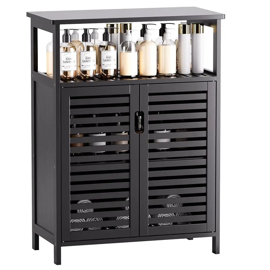 

Black Bathroom Storage Cabinet, Freestanding Bamboo Floor Cabinet 4 Tier Tall Kitchen Cupboard with Door and Shelves