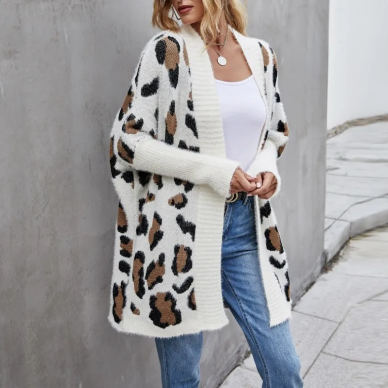 

Casual loose long sleeved leopard print knitted long cardigan jacket, fashionable sweater for women in autumn and winter Jackets