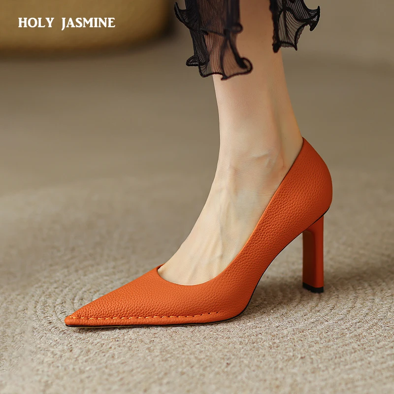 2022 Spring Summer Pointed Toe Shallow Women Pumps Genuine Leather Fashion Thin High Heel Hollow Female Shoes Pumps Size 34-40