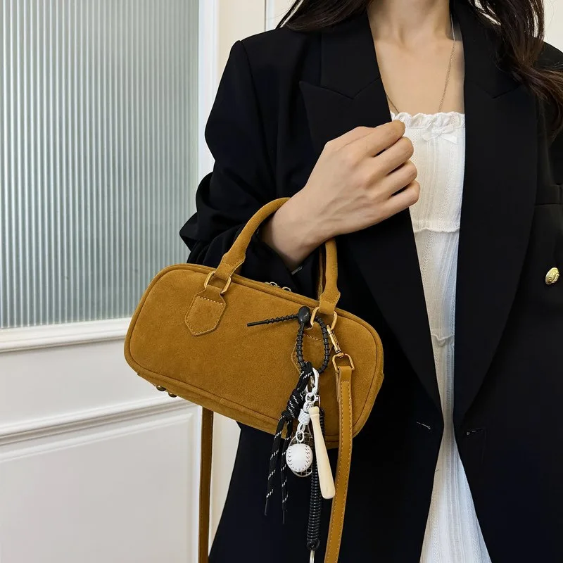 

​​2025 Spring Summer Womens Maroon Suede Bowling Bag Stylish Top Handle Shoulder Purse Versatile Crossbody Tote​