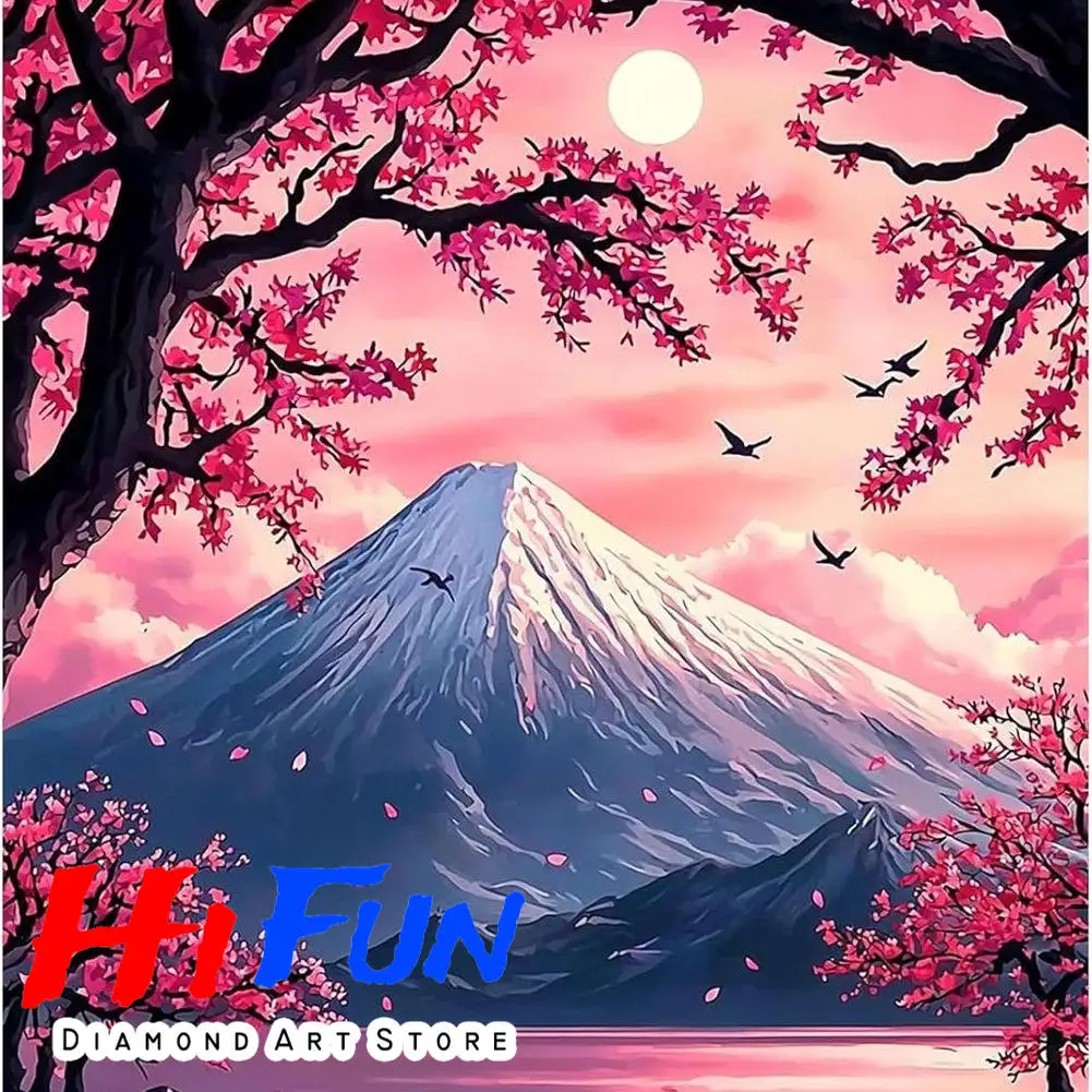 

DIY Diamond Painting Mount Fuji Art Japanese Cherry Blossom Scenery Full Round Diamond Mosaic Cross Stitch Gemstone Inlay Gift