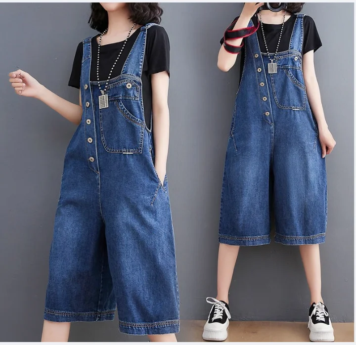Jeans Suspender Longgar Jumpsuit Jeans Tanpa Lengan Wanita Overall Denim Pakaian Jalanan Musim Panas Baru Celana Pendek Denim Kaki Lebar Solid Longgar