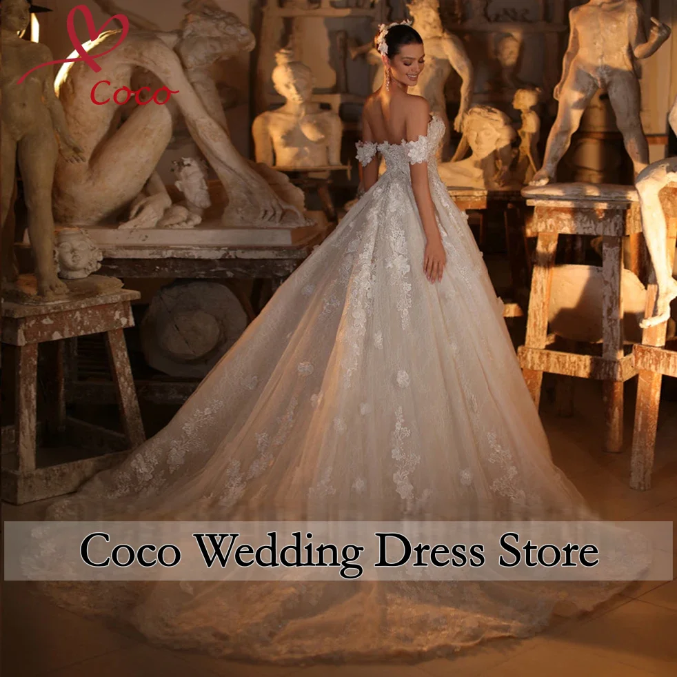 Customized Off The Shoulder Short Sleeve Sweetheart Neck Pearls Flowers Appliques Lace A-Line Wedding Dresses Robe De Mariée