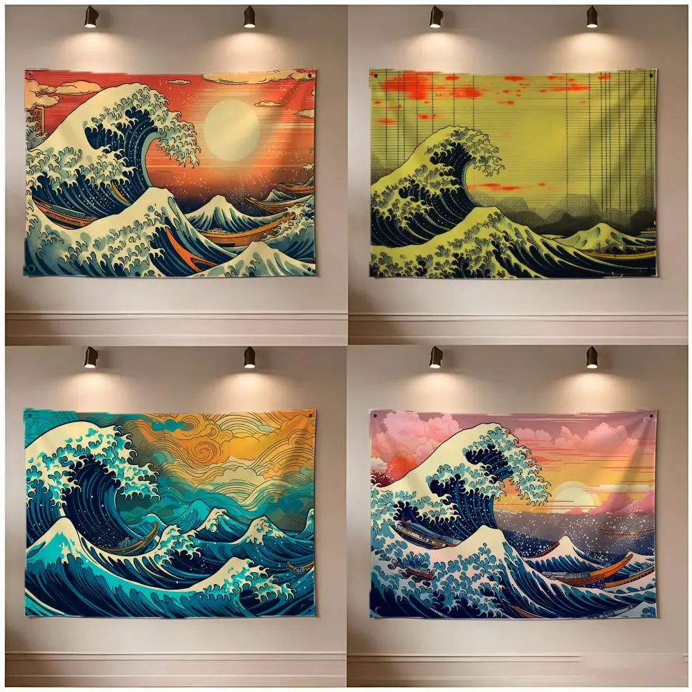 Ukiyo-e Inspired Japanese Great Waves Flags Borderless Four Ring Ornament Indoor Outdoor Decoration Quick Hang Install