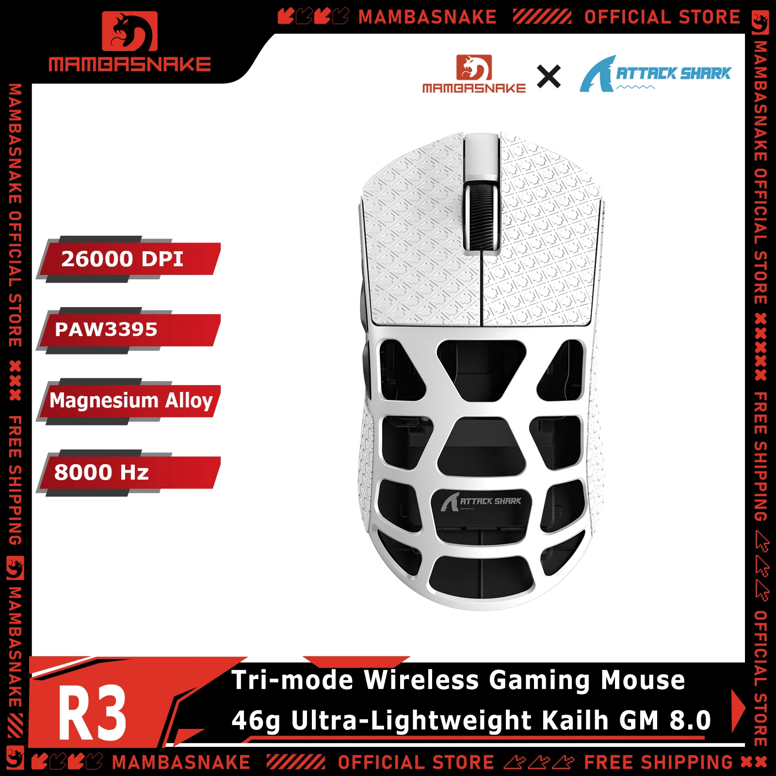 ATTACK SHARK R3 Tri-Mode Wireless Mouse Magnesium Alloy 46g Ultra Light PAW3395 8000Hz RGB Gaming Mouse