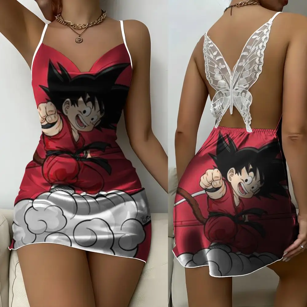 

Dragon Ball 3D printed surface mini skirt Silk Tint material Butterfly decorated nightdress halter strap women's dress Cute sexy
