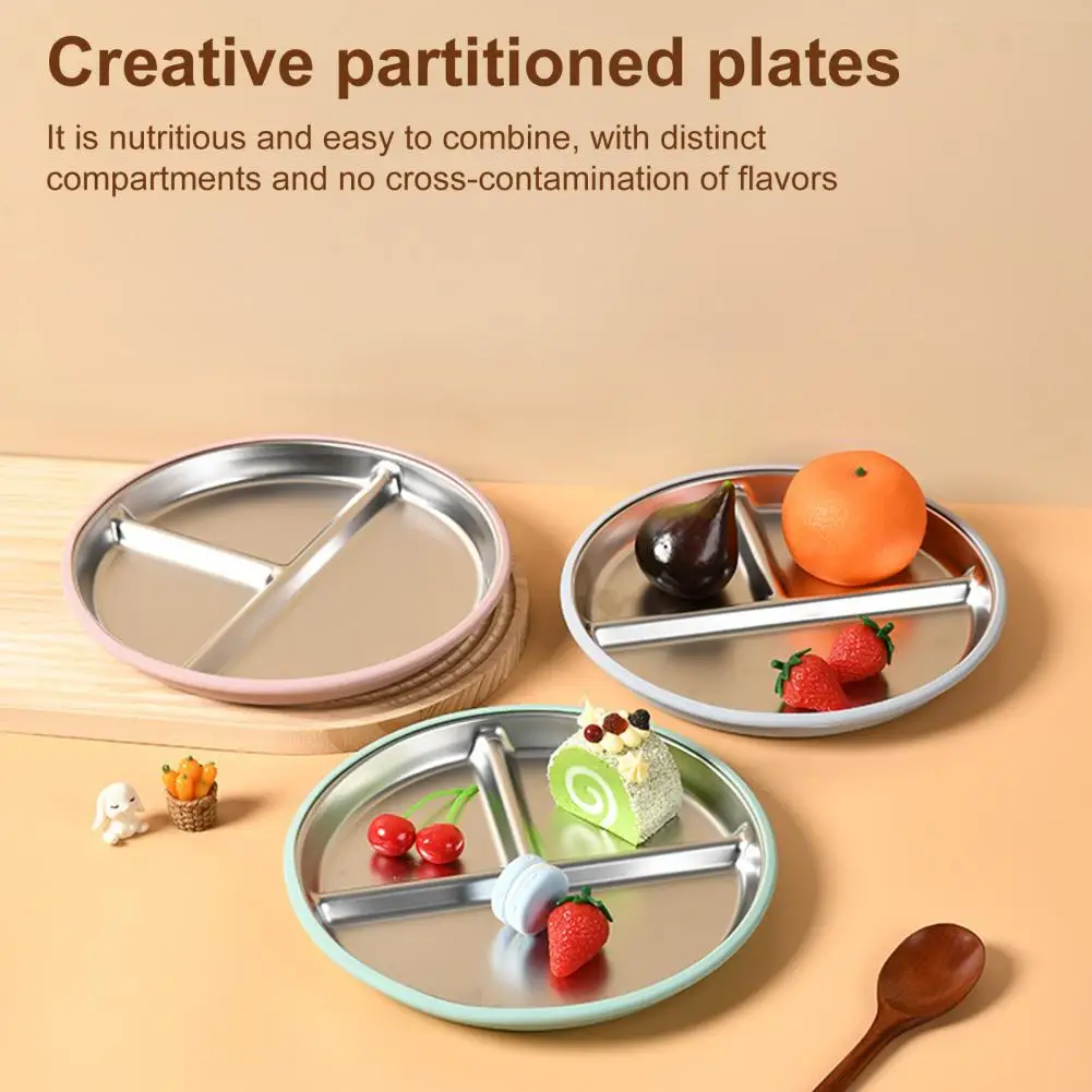 

Baby Plate with Suction Cups Stainless Steel Dinner Plate Divided Food Plate Round Serving Tray Canteen Lunch Dishes Container