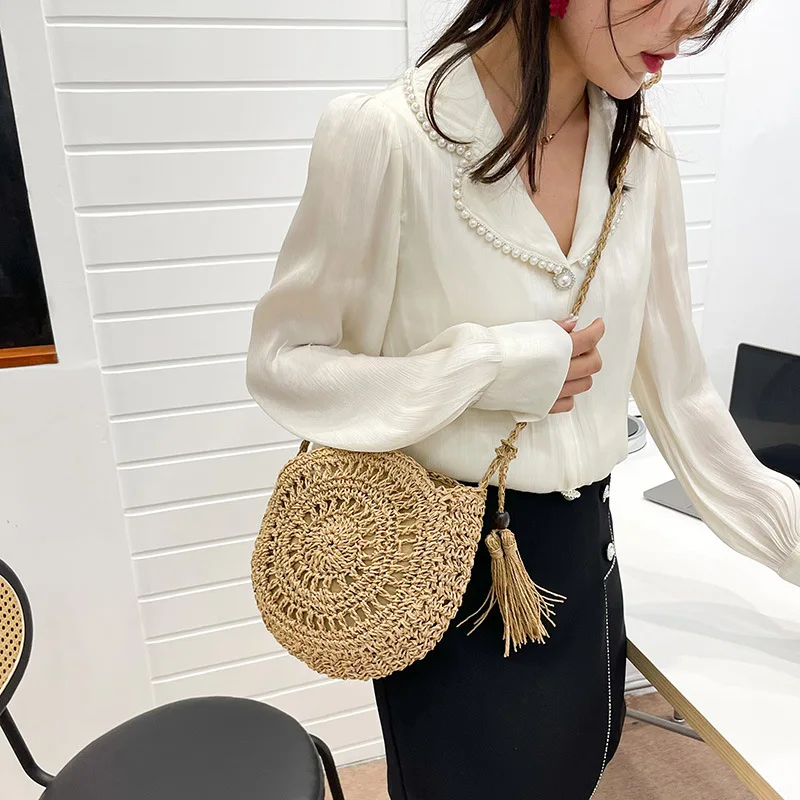 Rattan gewebte Frauen Stroh Umhängetasche kleine Clutch Geldbörse und Handtasche Sommer Strand tasche Frau Quaste Schulter Umhängetasche – Detail 7