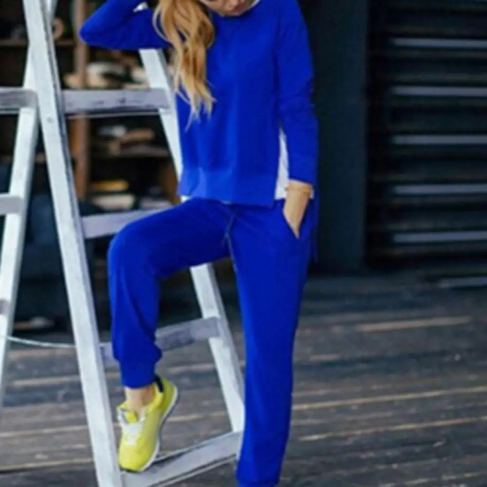 여성용 불규칙 밑단 스포츠웨어, 불규칙 밑단 맨투맨 스웻팬츠 세트, 신축성 허리, 가을용 스포츠 의상, 2 피스