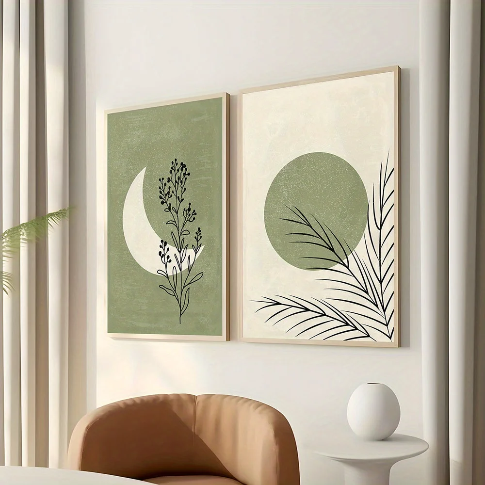 2 unids/set bohemio planta Luna sol lienzo cartel verde Beige fondo paisaje pared arte impresión para sala de estar moderna decoración del hogar