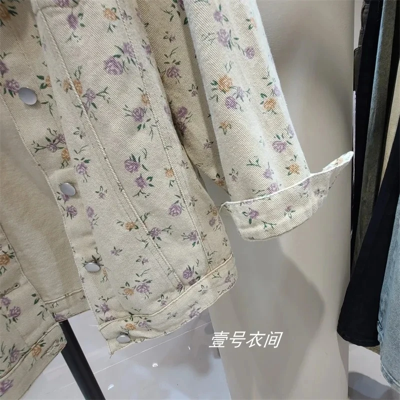 Spring Autumn New Design Lapels Single-Breasted Floral Print Denim Single-Breasted Lapels Loose Joker Temperament Fashion Coat