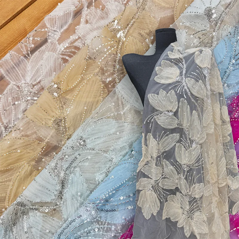 

French luxury disc embroidery, Phalaenopsis, beaded, African sequined fabric wedding dress, dress skirt, mesh lace fabric sewing