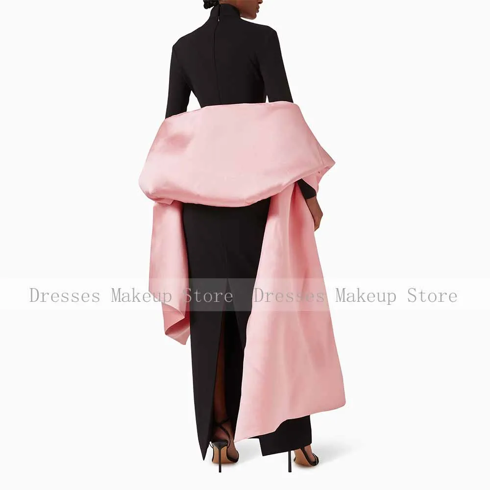 Black Evening Dress with Pink Shawl High Collar Long Sleeves Modest Evening Gowns for Women 2025 Ankle Length Column Formal Gown