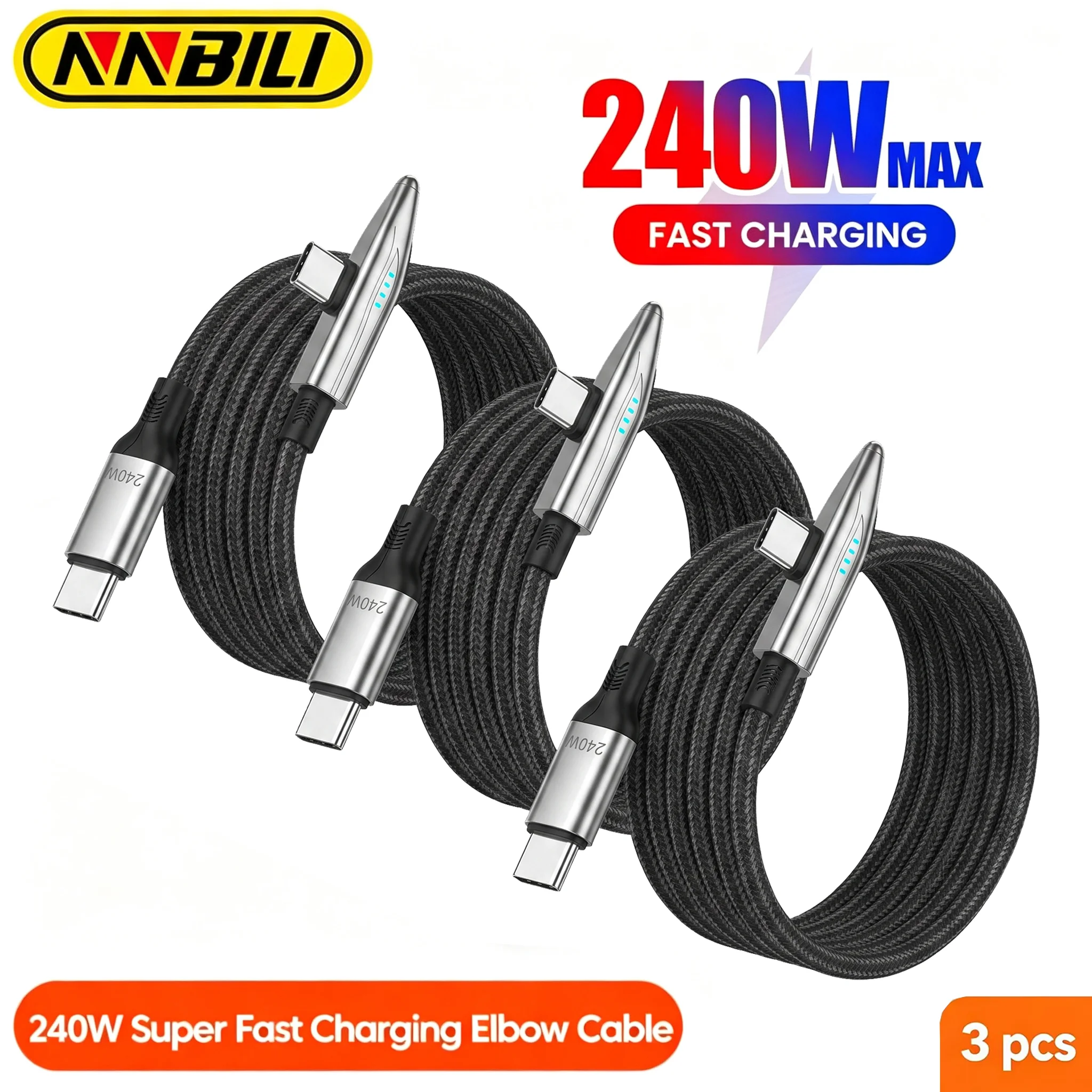 NNBILI 3 Stück 65/100/120/240W A-C und C-C Kabel Zugform Schnellladekabel 90 °   Winkel-USB-C-Kabel für Samsung S26 iPhone 18