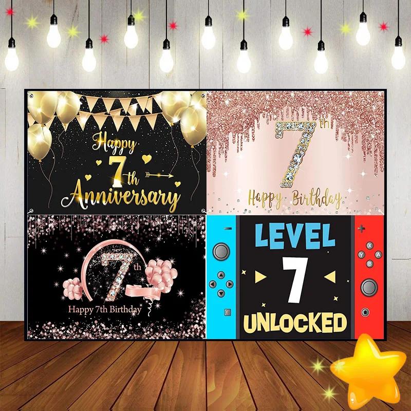 Happy 7th Birthday Background Decoration Banner Photography Backdrops Boy Balloon or Girl Prince Invitation Vintage Game Machine